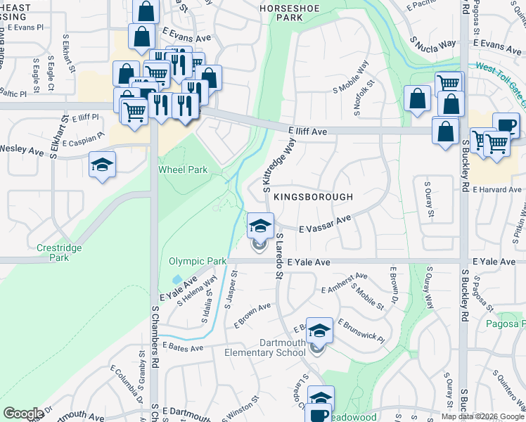 map of restaurants, bars, coffee shops, grocery stores, and more near 2536 South Kalispell Circle in Aurora