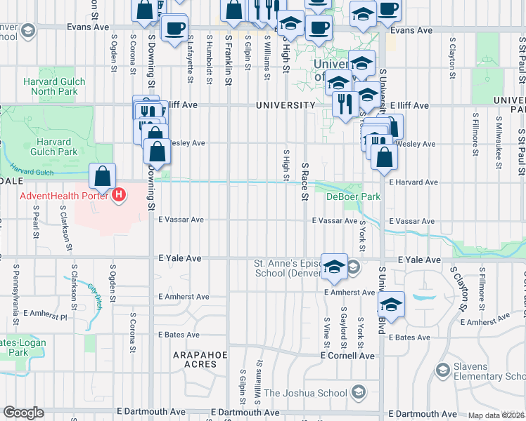 map of restaurants, bars, coffee shops, grocery stores, and more near 2545 South Williams Street in Denver