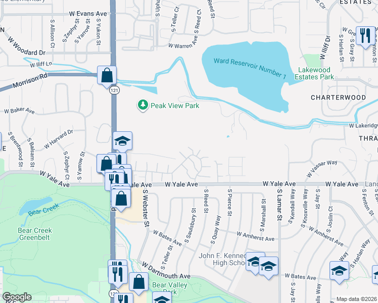 map of restaurants, bars, coffee shops, grocery stores, and more near 7135 West Vassar Avenue in Lakewood