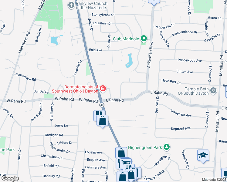 map of restaurants, bars, coffee shops, grocery stores, and more near 145 Marbrook Drive in Dayton