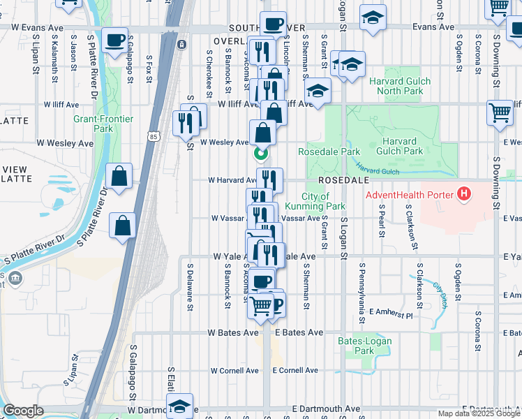 map of restaurants, bars, coffee shops, grocery stores, and more near 2537 South Broadway in Denver