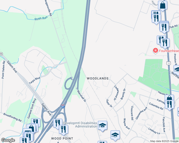 map of restaurants, bars, coffee shops, grocery stores, and more near 1525 Kensington Drive in Hagerstown