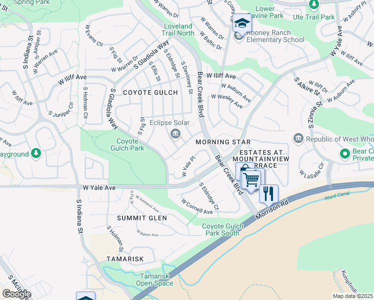 map of restaurants, bars, coffee shops, grocery stores, and more near 2517 South Eldridge Court in Lakewood