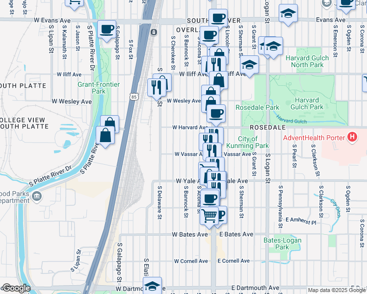 map of restaurants, bars, coffee shops, grocery stores, and more near 2538 South Bannock Street in Denver
