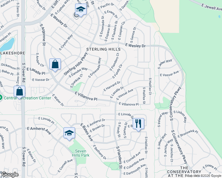 map of restaurants, bars, coffee shops, grocery stores, and more near 19691 East Harvard Drive in Aurora