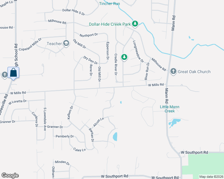 map of restaurants, bars, coffee shops, grocery stores, and more near 5508 West Mills Road in Indianapolis