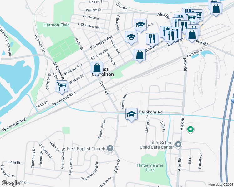map of restaurants, bars, coffee shops, grocery stores, and more near 36 Pierce Avenue in West Carrollton