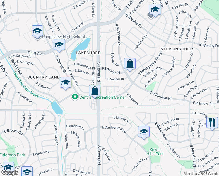 map of restaurants, bars, coffee shops, grocery stores, and more near 18701 East Water Drive in Aurora