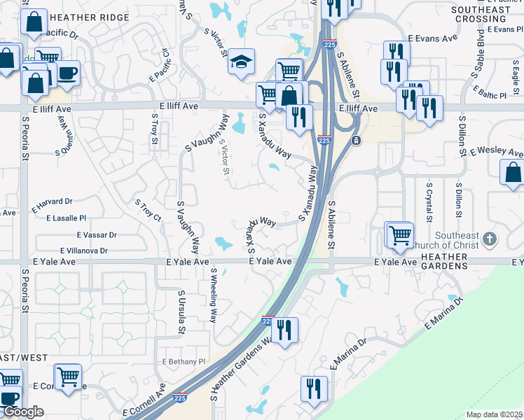 map of restaurants, bars, coffee shops, grocery stores, and more near 2635 South Xanadu Way in Aurora