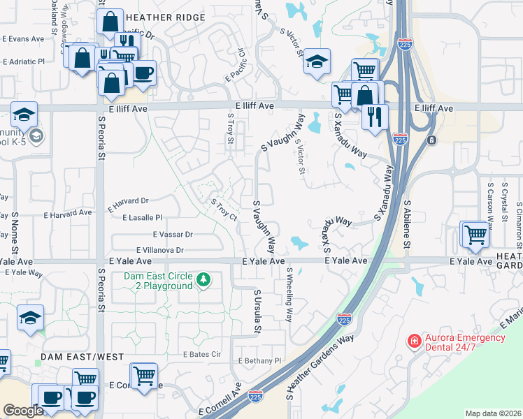 map of restaurants, bars, coffee shops, grocery stores, and more near 2570 South Tucson Way in Aurora