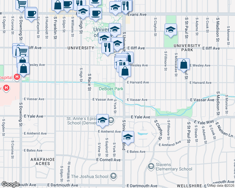 map of restaurants, bars, coffee shops, grocery stores, and more near in Denver