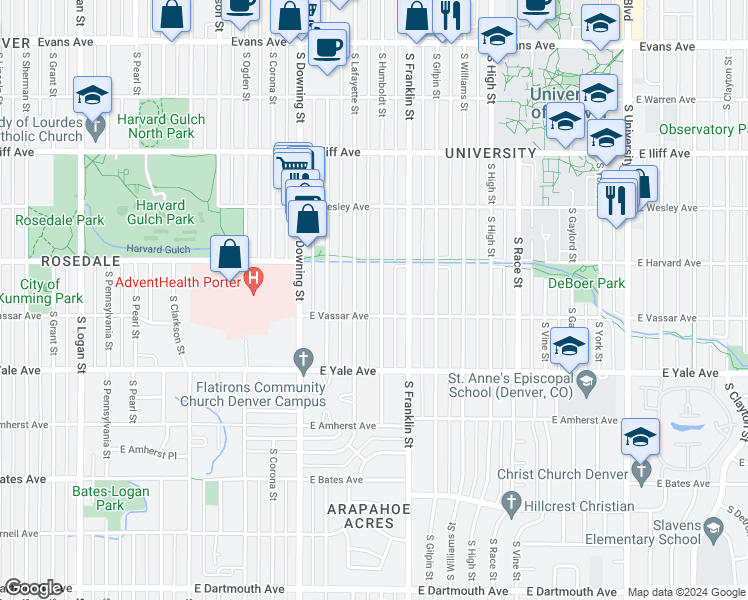 map of restaurants, bars, coffee shops, grocery stores, and more near 2545 South Humboldt Street in Denver