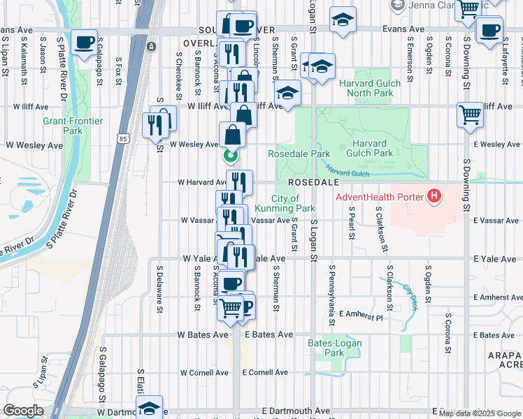 map of restaurants, bars, coffee shops, grocery stores, and more near 2543 South Lincoln Street in Denver
