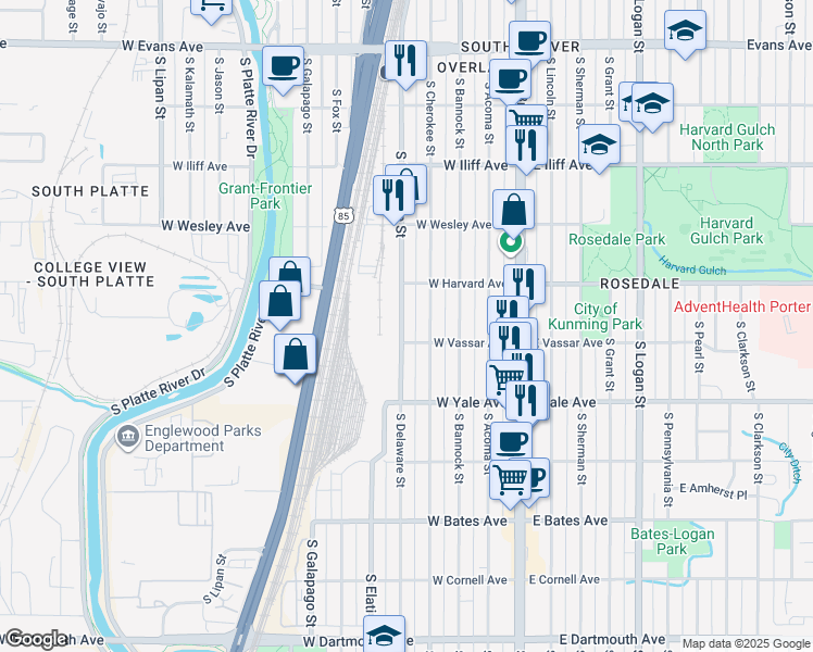 map of restaurants, bars, coffee shops, grocery stores, and more near 2552 South Delaware Street in Denver