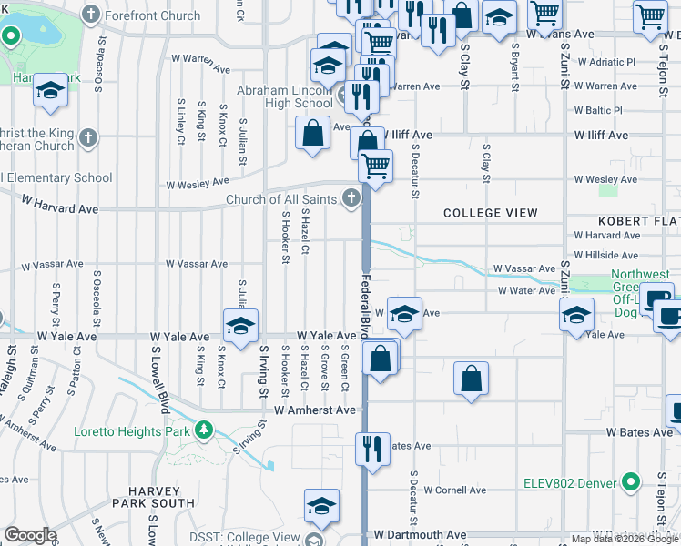 map of restaurants, bars, coffee shops, grocery stores, and more near 2616 South Grove Street in Denver