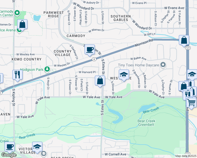 map of restaurants, bars, coffee shops, grocery stores, and more near 2535 South Estes Court in Lakewood