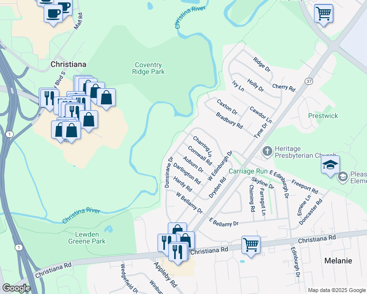 map of restaurants, bars, coffee shops, grocery stores, and more near 32 Cornwall Road in New Castle