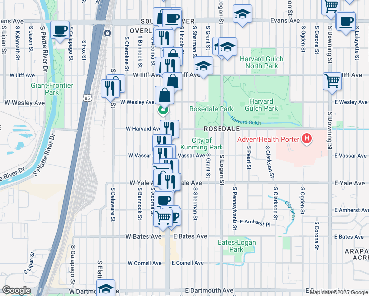map of restaurants, bars, coffee shops, grocery stores, and more near 2543 South Lincoln Street in Denver