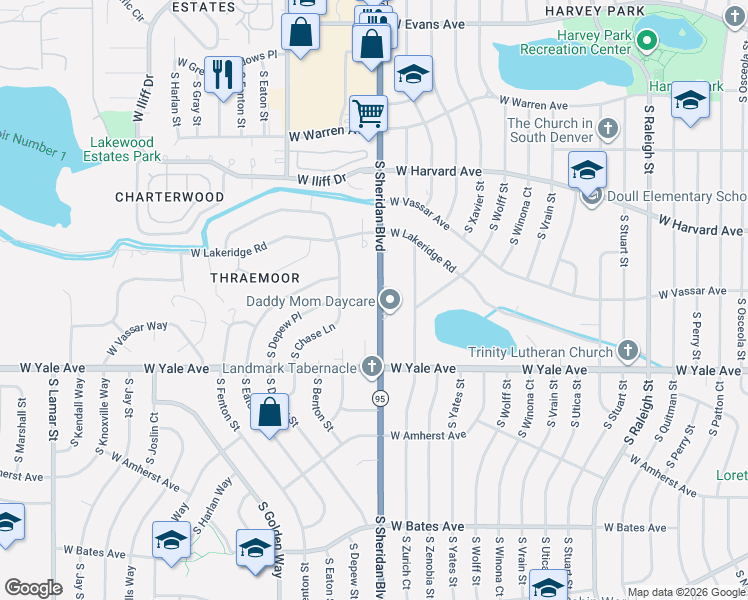 map of restaurants, bars, coffee shops, grocery stores, and more near 2565 South Sheridan Boulevard in Lakewood