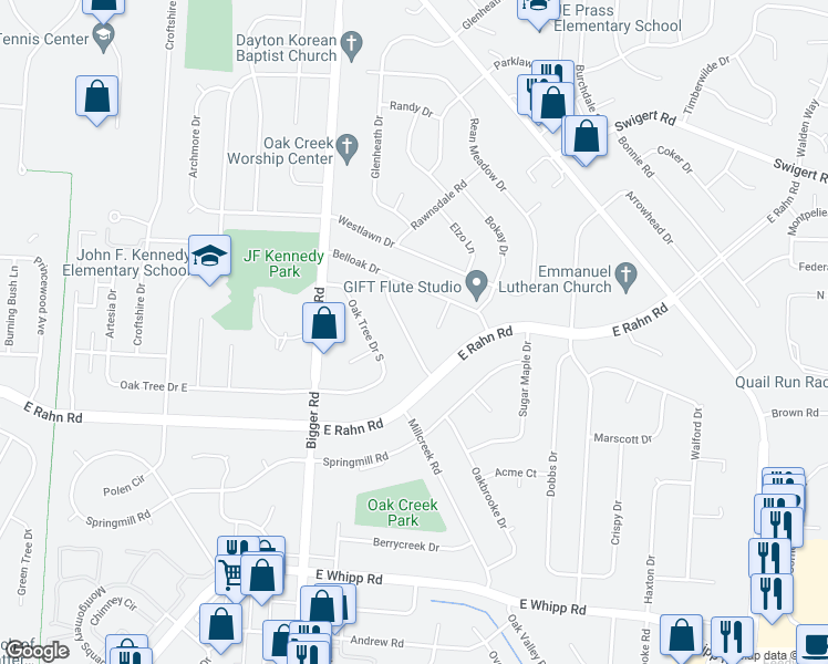 map of restaurants, bars, coffee shops, grocery stores, and more near 5136 Cloudsdale Drive in Dayton