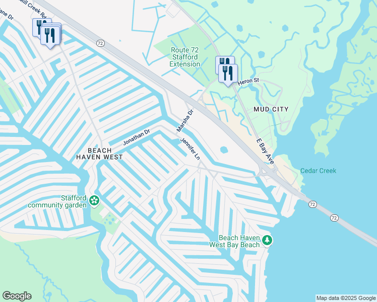 map of restaurants, bars, coffee shops, grocery stores, and more near 939 Jennifer Lane in Stafford Township