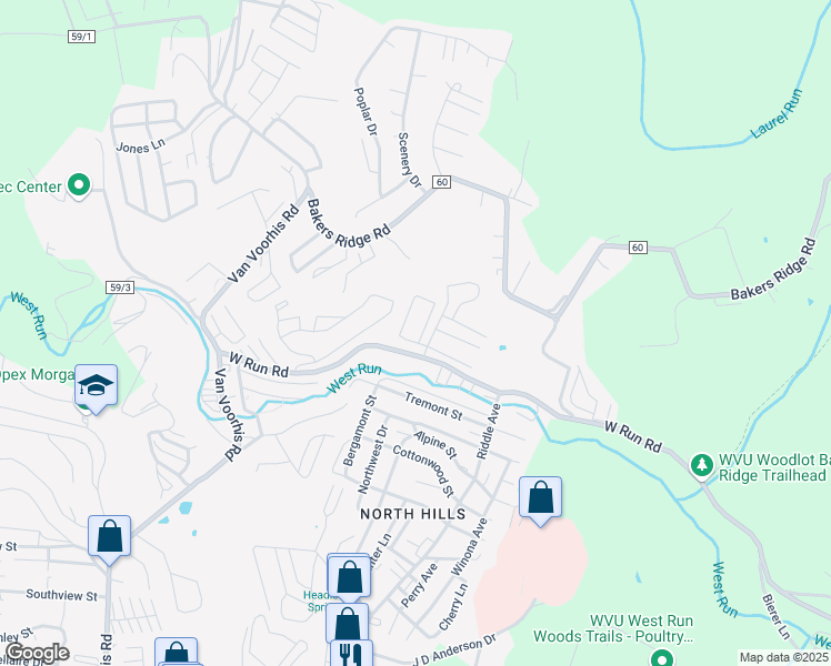map of restaurants, bars, coffee shops, grocery stores, and more near 974 West Run Road in Morgantown