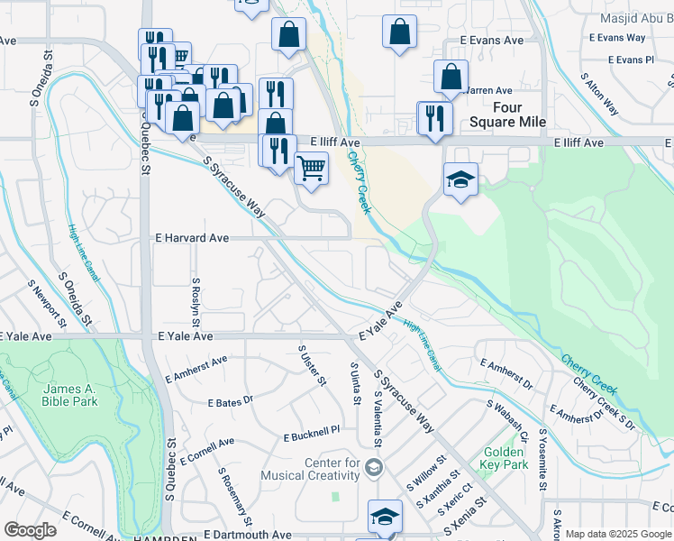 map of restaurants, bars, coffee shops, grocery stores, and more near 7999 East Vassar Drive in Denver