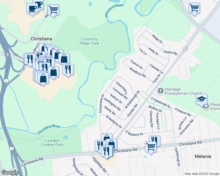 map of restaurants, bars, coffee shops, grocery stores, and more near 32 Cornwall Road in New Castle