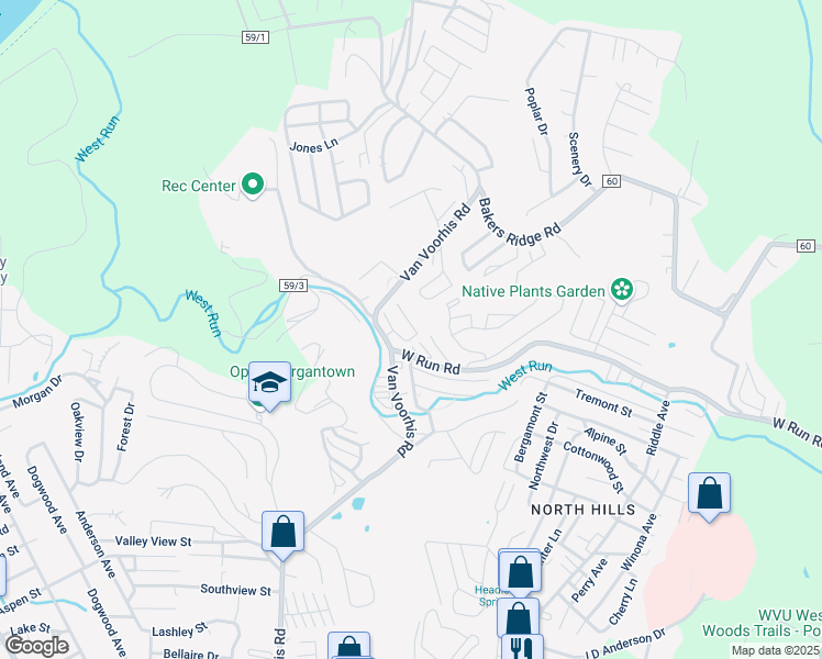map of restaurants, bars, coffee shops, grocery stores, and more near 205 Glen Abbey Lane in Morgantown