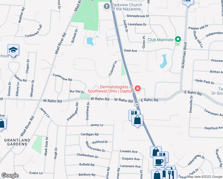 map of restaurants, bars, coffee shops, grocery stores, and more near 5227 Little Woods Lane in Dayton