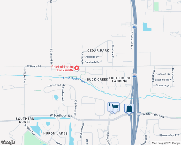 map of restaurants, bars, coffee shops, grocery stores, and more near 2604 Redland Lane in Indianapolis