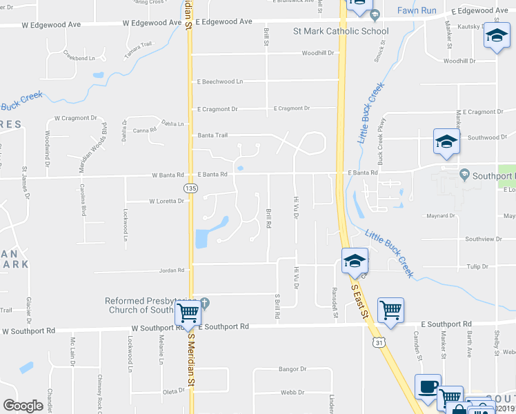 map of restaurants, bars, coffee shops, grocery stores, and more near 6612 Robin Hood Drive in Indianapolis