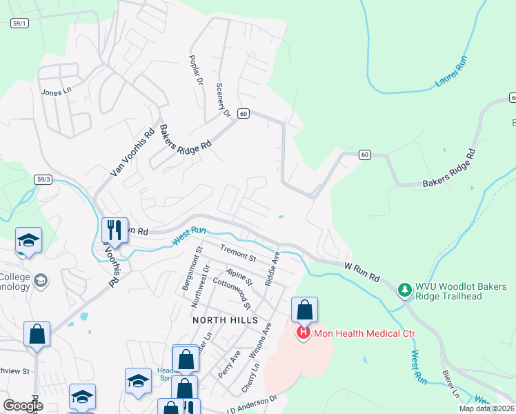 map of restaurants, bars, coffee shops, grocery stores, and more near 201 Raven Run in Morgantown