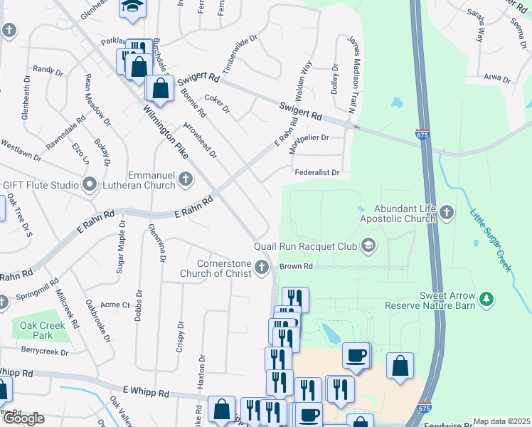 map of restaurants, bars, coffee shops, grocery stores, and more near 4928 Arrowhead Drive in Dayton