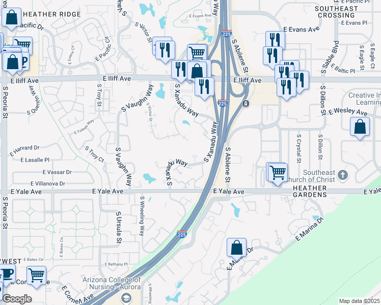 map of restaurants, bars, coffee shops, grocery stores, and more near 2635 South Xanadu Way in Aurora