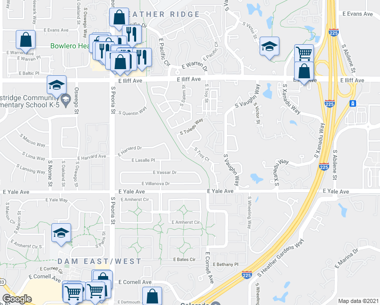 map of restaurants, bars, coffee shops, grocery stores, and more near 12675 East Harvard Circle in Aurora