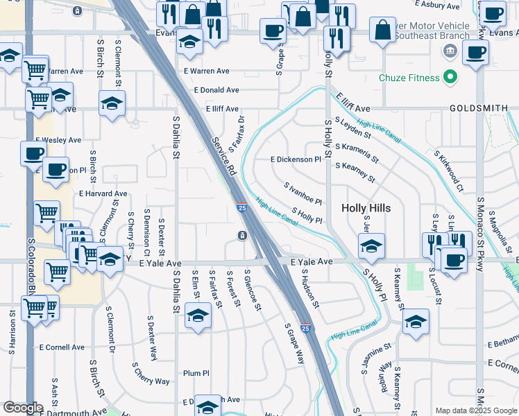 map of restaurants, bars, coffee shops, grocery stores, and more near 2507 South Holly Place in Denver