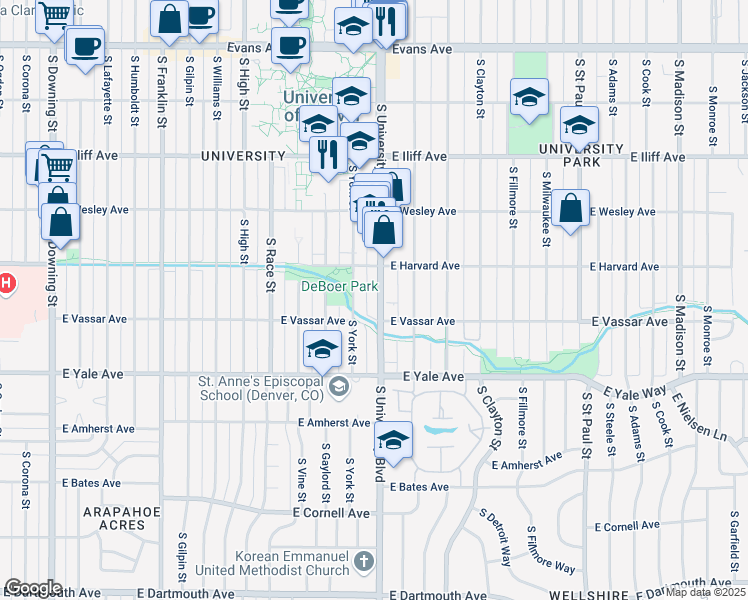 map of restaurants, bars, coffee shops, grocery stores, and more near 2527 South University Boulevard in Denver