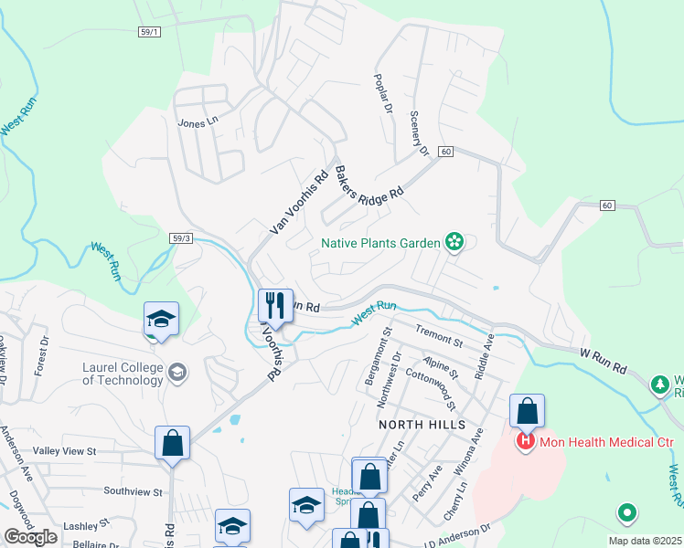 map of restaurants, bars, coffee shops, grocery stores, and more near 5000 Station Street in Morgantown