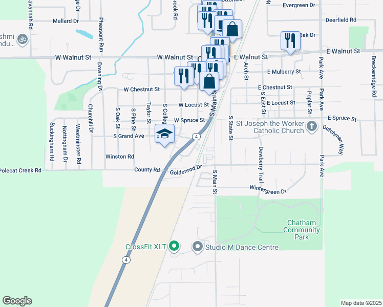 map of restaurants, bars, coffee shops, grocery stores, and more near 1 Circle Drive in Chatham