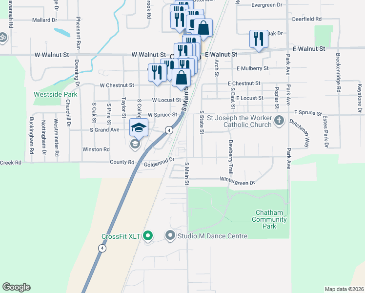 map of restaurants, bars, coffee shops, grocery stores, and more near 411 South Main Street in Chatham
