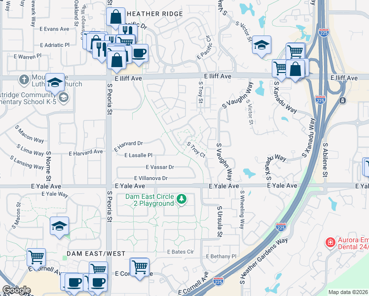 map of restaurants, bars, coffee shops, grocery stores, and more near 12675 East Harvard Circle in Aurora
