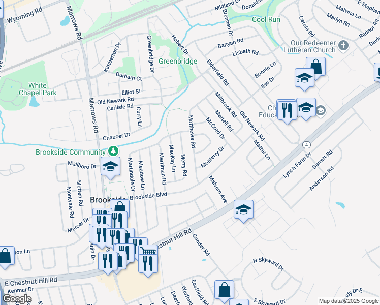 map of restaurants, bars, coffee shops, grocery stores, and more near 19 Matthews Road in Newark