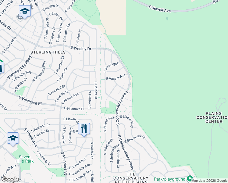 map of restaurants, bars, coffee shops, grocery stores, and more near 20342 East Villanova Place in Aurora