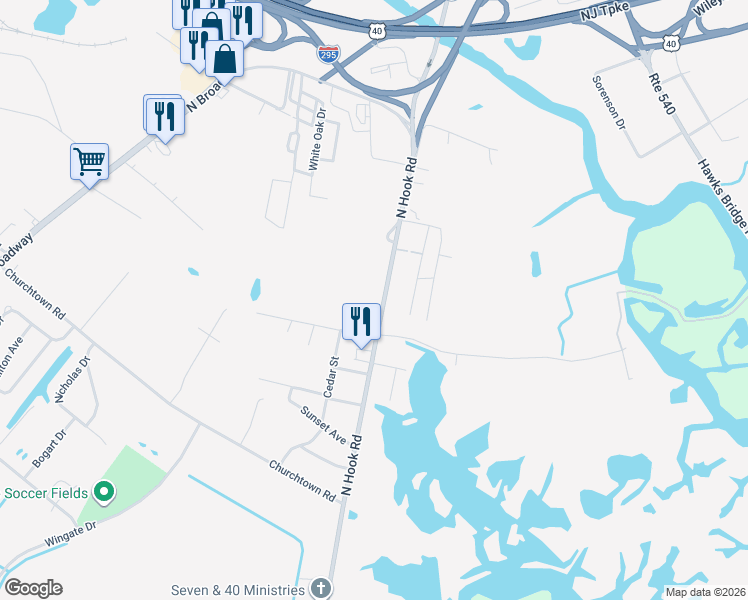 map of restaurants, bars, coffee shops, grocery stores, and more near 374 North Hook Road in Pennsville Township