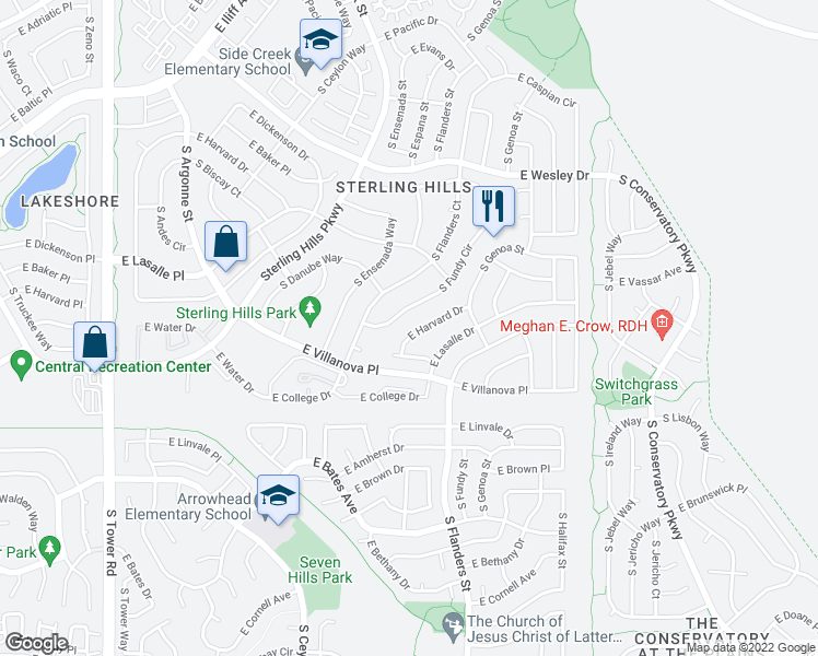 map of restaurants, bars, coffee shops, grocery stores, and more near 19641 East Harvard Drive in Aurora