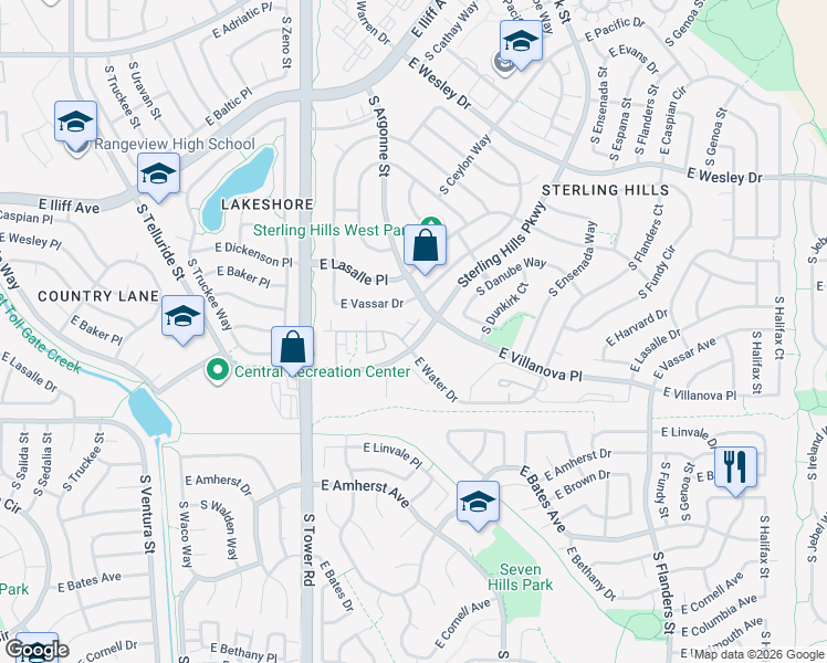 map of restaurants, bars, coffee shops, grocery stores, and more near 18781 East Water Drive in Aurora