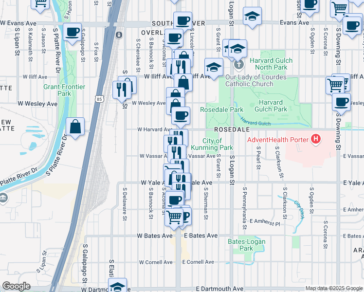 map of restaurants, bars, coffee shops, grocery stores, and more near 2537 South Broadway in Denver