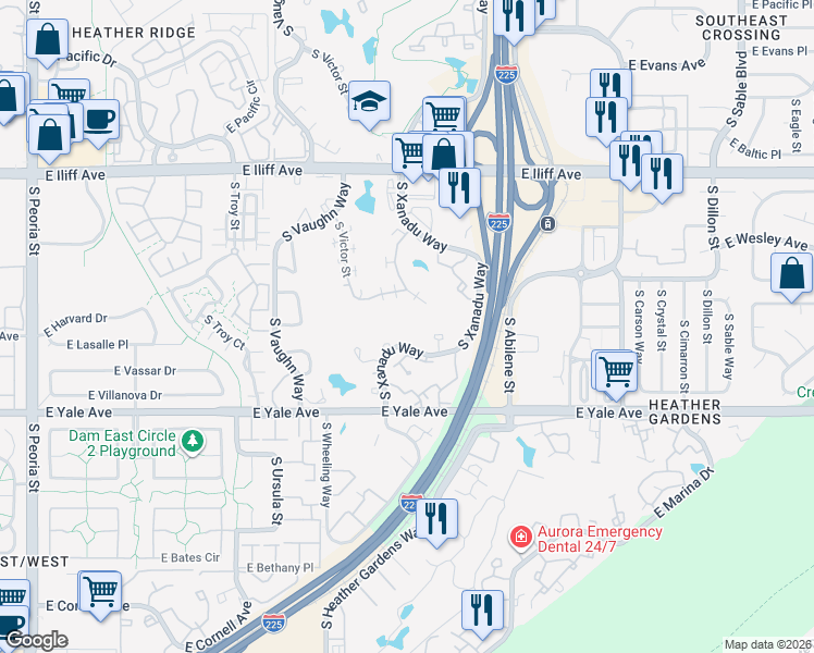 map of restaurants, bars, coffee shops, grocery stores, and more near 2511 Worchester Court in Aurora