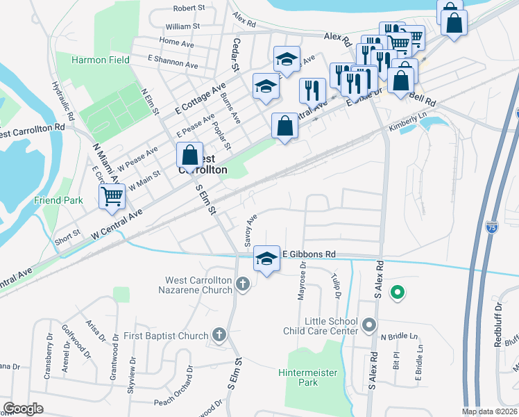 map of restaurants, bars, coffee shops, grocery stores, and more near 50 Pierce Street in West Carrollton